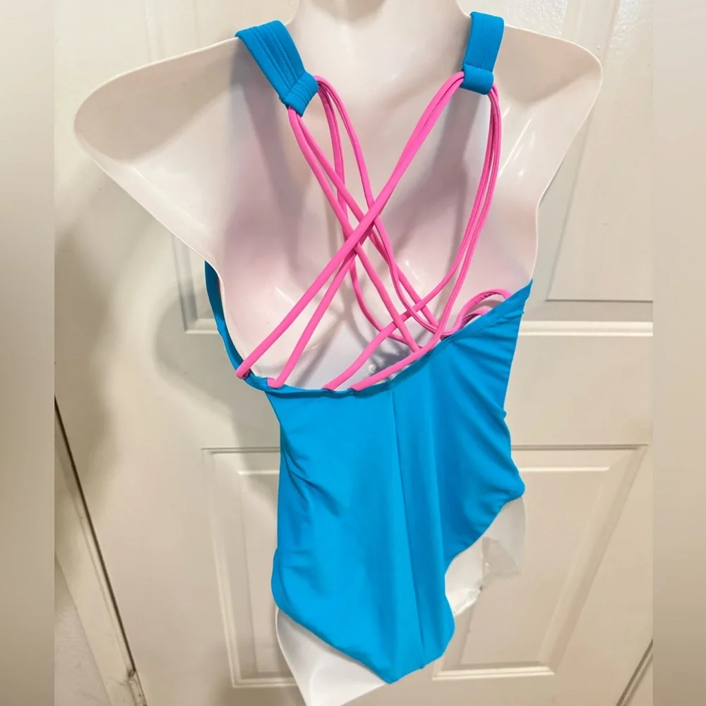 Adidas one piece logo cross back blue & pink swimsuit medium - Picture 3 of 9